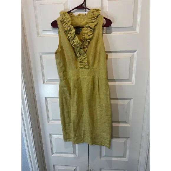 Taylor Chartreuse Linen Dress with Ruffle V-Neck Detail Size 8 Spring Summer - Picture 2 of 7